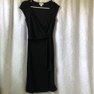 Long black, short sleeved, wrap v neck dress